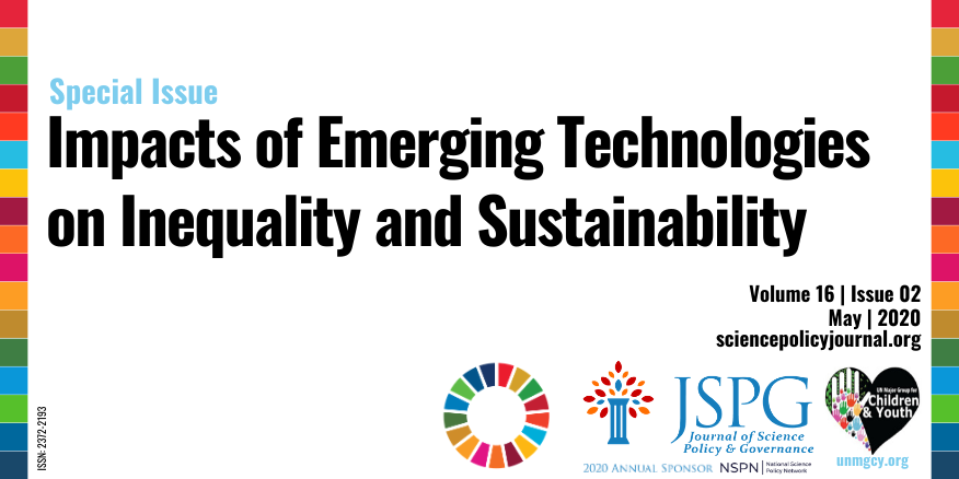 Horizontal image of cover page for JSPG-UN MGCY Special Issue on the Impacts of Emerging Technologies on Inequality and Sustainability