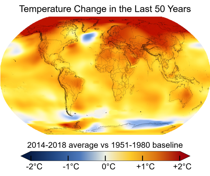 Average global temperatures from 2014 to 2018 compared to a baseline average from 1951 to 1980 displayed on world map