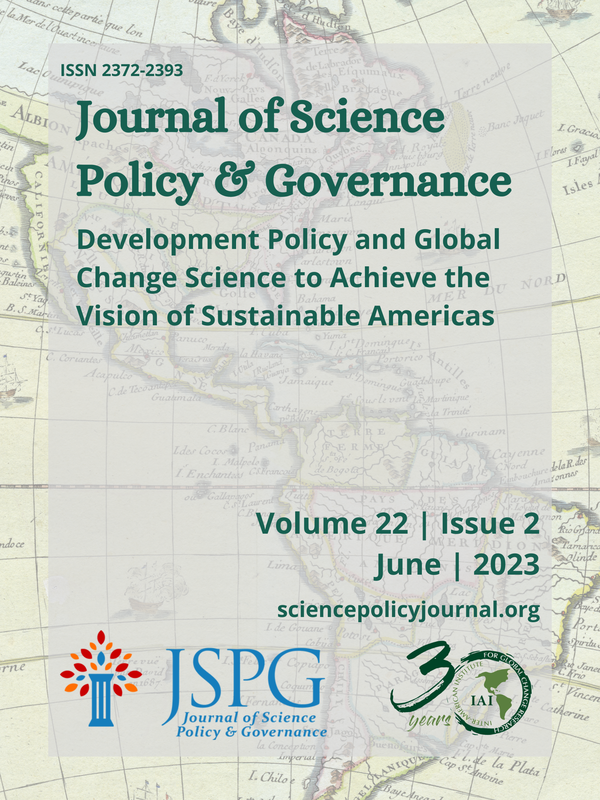 Journal of Science Policy & Governance Issue Cover Image. Macro image of a leaf surrounded by abstract green and yellow shapes. Text reads: Journal of Science Policy and Governance. Volume 19. Issue 1. November 2021. JSPG Logo. #SciPolDecade. Sciencepolicyjournal.org