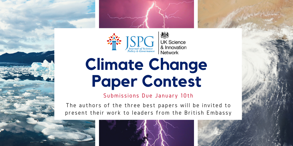 Image of flyer: Logos of JSPG & UK SIN. Text reads: Climate Change Paper Contest Submissions Due Jan. 10th. Authors of the three best papers will be invited to present their work.