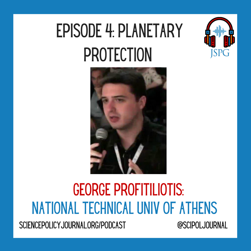 Image of cover art for episode 4 of the @SciPolJournal #SciPolSoundBites podcast featuring a headshot of George Profitiliotis