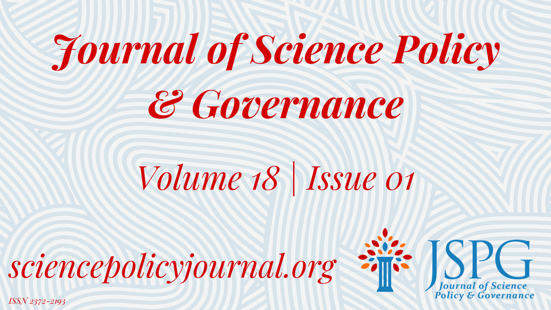 Image of the JSPG Promo Card. Text reads: Journal of Science Policy & Governance. Volume 18, Issue 01, sciencepolicyjournal.org. JSPG Logo. ISSN 2372-2193. Maze like background.