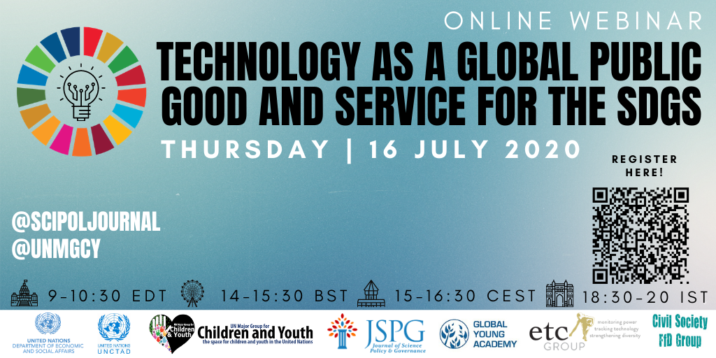 Banner image for the Technology as a Global Public Good and Service for the SDGs held Thursday July 16, 2020. 09:00-10:30 EDT