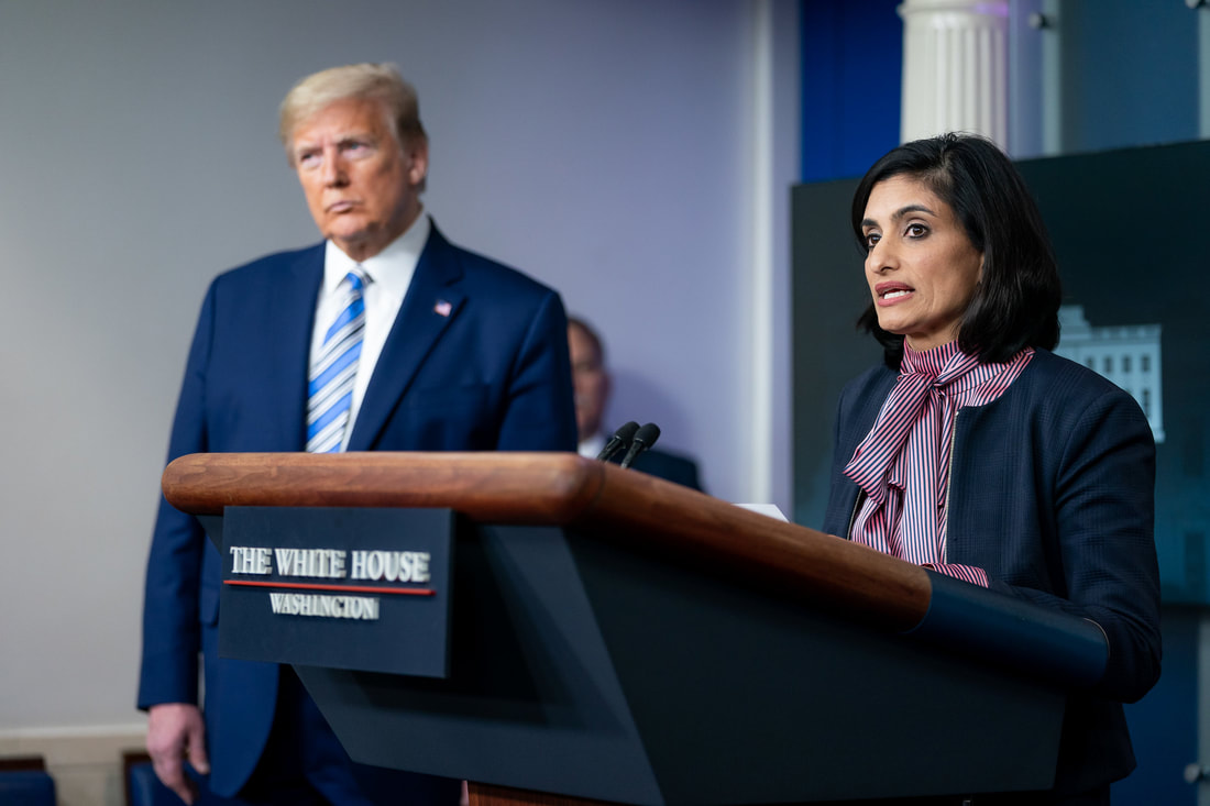 Administrator for the Centers for Medicare and Medicaid Services Seema Verma, joined by President Donald J. Trump, Vice President Mike Pence and members of the White House Coronavirus Task Force, delivers remarks during a coronavirus update briefing Sunday, April 19, 2020, in the James S. Brady Press Briefing Room of the White House. (Official White House Photo by Tia Dufour)