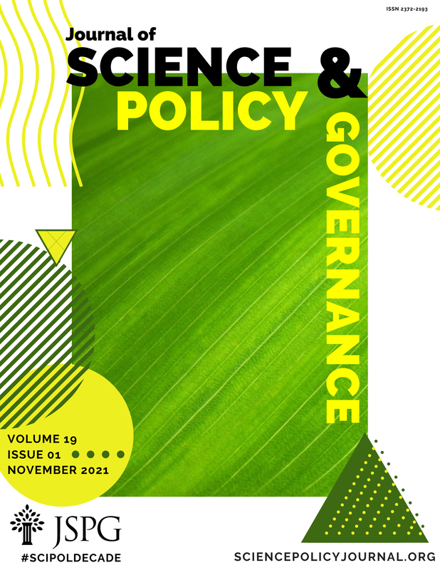Journal of Science Policy & Governance Issue Cover Image. Macro image of a leaf surrounded by abstract green and yellow shapes. Text reads: Journal of Science Policy and Governance. Volume 19. Issue 1. November 2021. JSPG Logo. #SciPolDecade. Sciencepolicyjournal.org