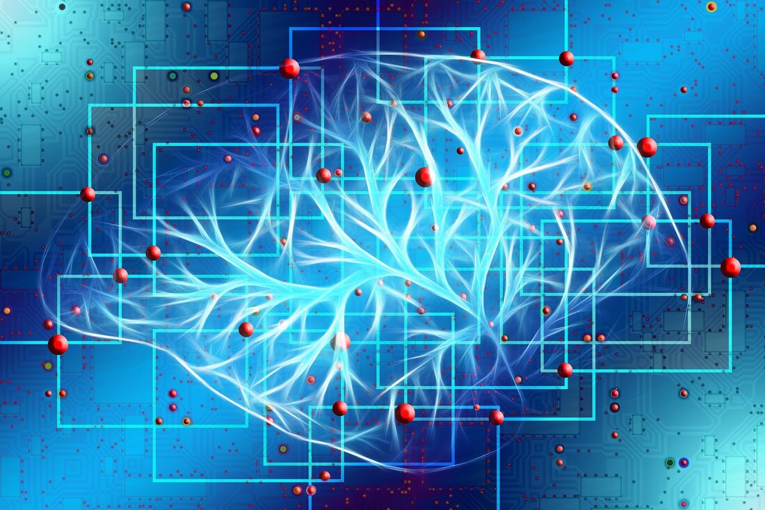 Abstract image of a brain or nerves on a blue background with electronic grids and nodes