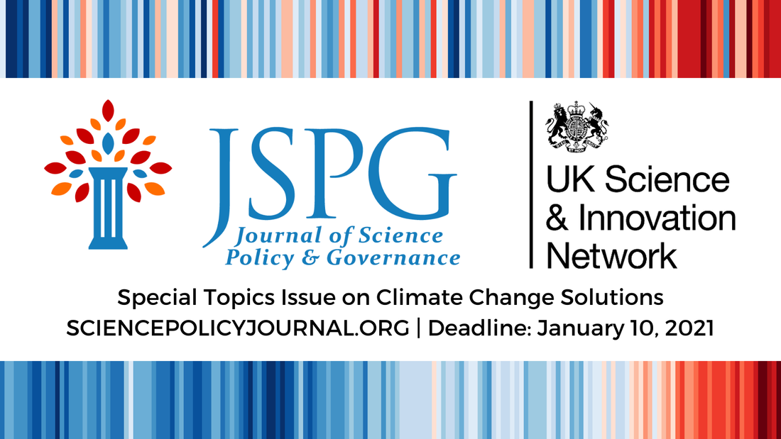 Image of JSPG and UK SIN logo bordered by warming stripes borders. Text reads: Special Topics Issue on Climate Change Solutions. Sciencepolicyjournal.org. Deadline: January 10, 2021.