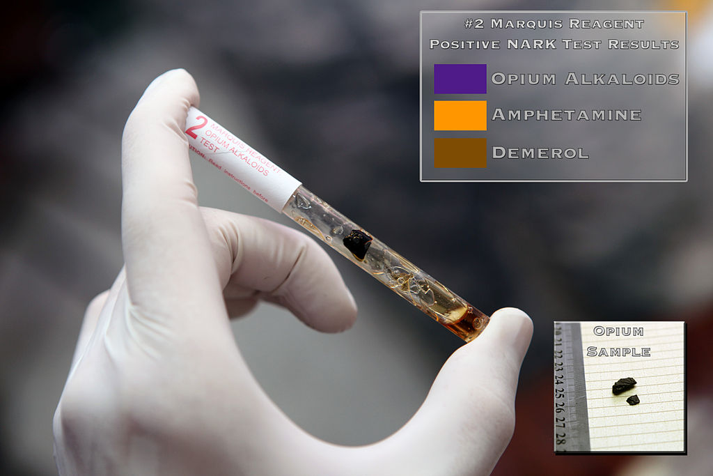 Image of shows the positive results of the number 2 Marquis reagent presumptive drug test when used with a sample of opium.