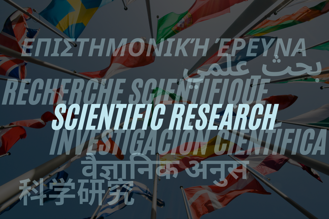 Background picture of various flags on poles with foreground word of scientific research in many languages.