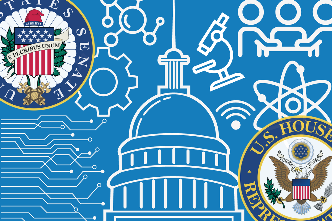 Image with US Senate Seal, US House of Representatives with graphics representing the Capitol building, gear, chemistry, people at a table, circuit, microscope