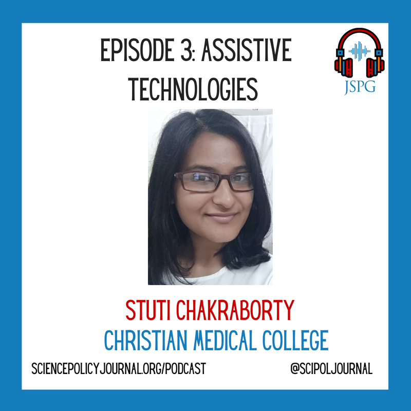 Image of cover art for episode 3 of the @SciPolJournal #SciPolSoundBites podcast featuring a headshot of Stuti Chakraborty