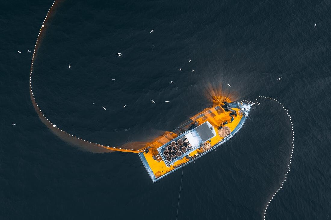 Aerial drone view of fishing trawler on sea
