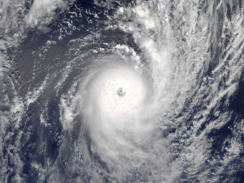 Aqua satellite picture of Severe Tropical Cyclone Winston at 01:30 UTC on 20 February 2016, during peak intensity and striking Fiji.